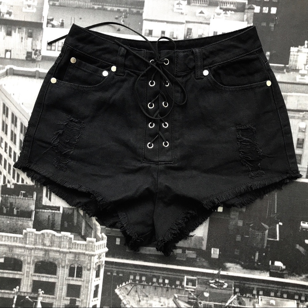 Black Lace Up Distressed Cut Off Shorts